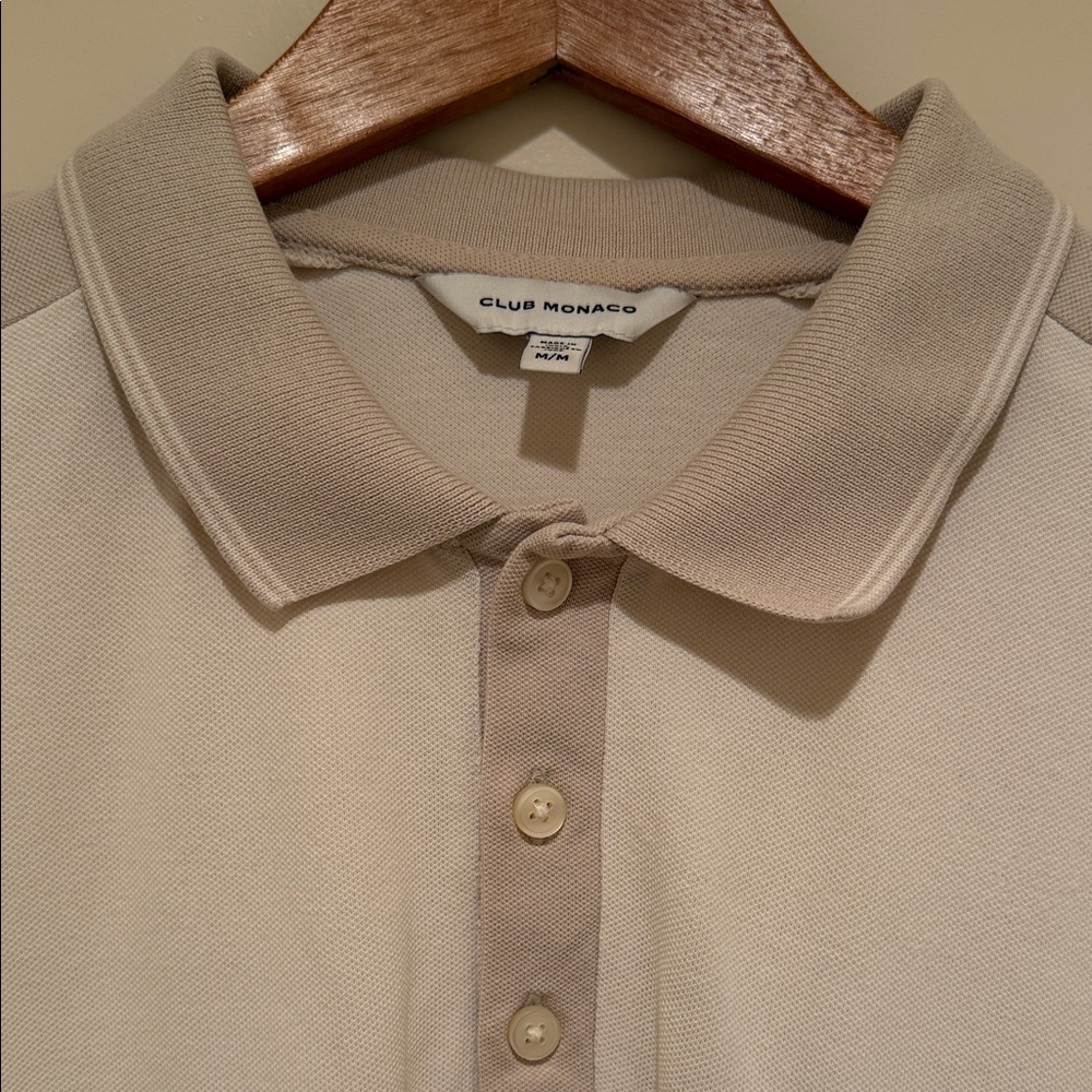 Club Monaco Polo Shirt Mens Medium Cream Beige Contrast Collar Stretch - Picture 4 of 9